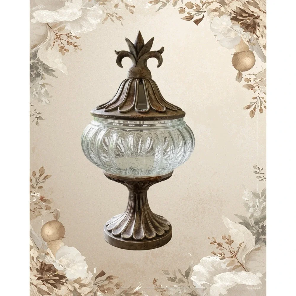 Vintage Crackle Glass Potpourri Jar Pedestal Base Metal Vented Lid Urn Decor⁠